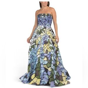 NWT Terani Couture Strapless Mosaic Gown in Blue and Yellow Size 8